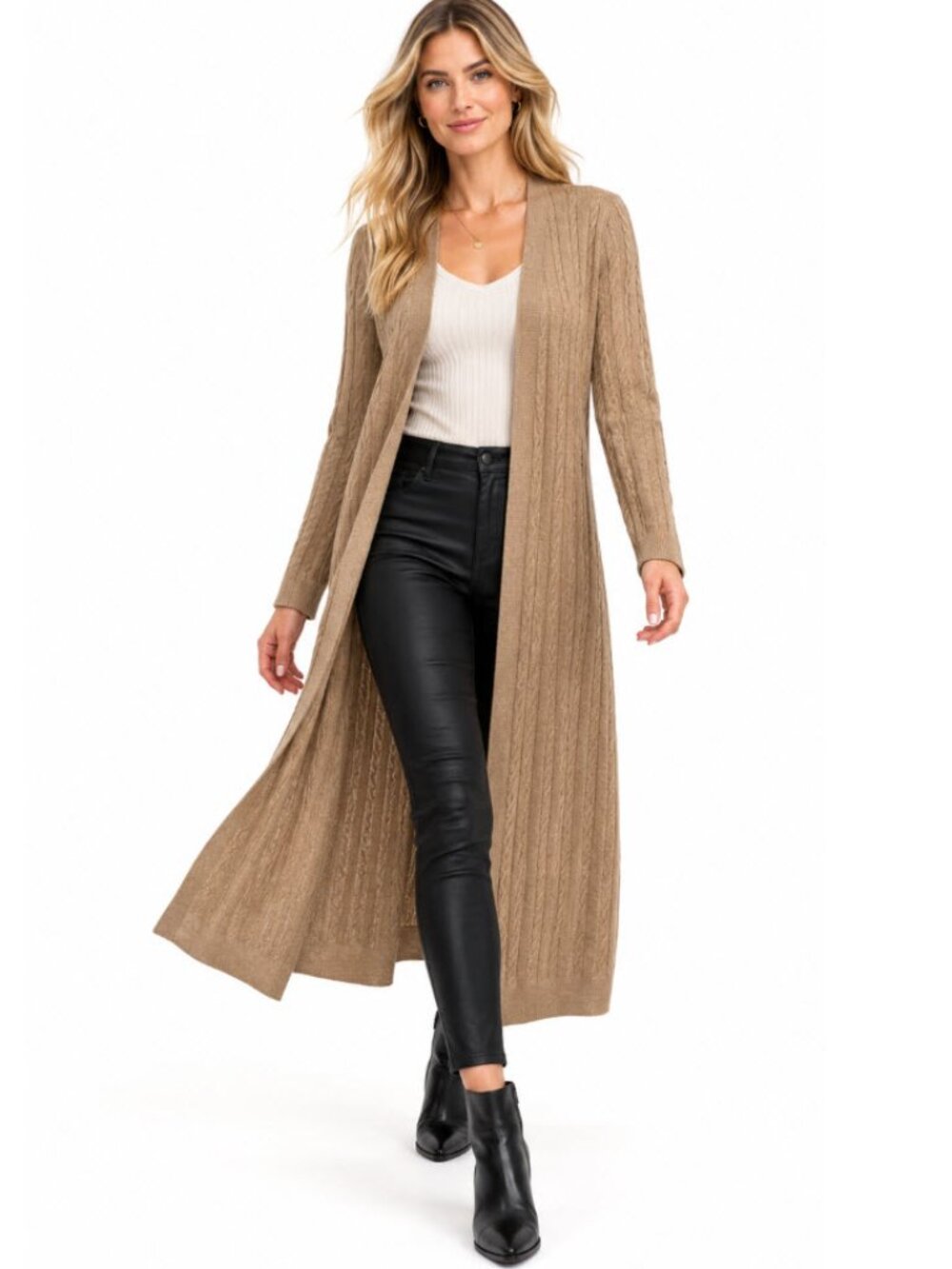 Banana Republic Camel 100% Merino Wool Cable Knit Long Duster Cardigan L